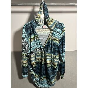 Flirty Pink Women's Hooded Tunic Top Blouse Blue Black Yellow Geometric Pattern